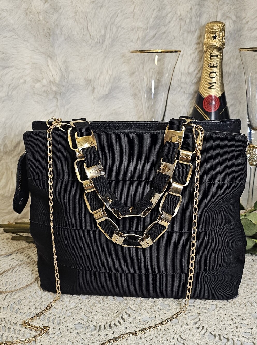 Salvatore Ferragamo Tiered Black Grosgrain Ribbon Tote Bag